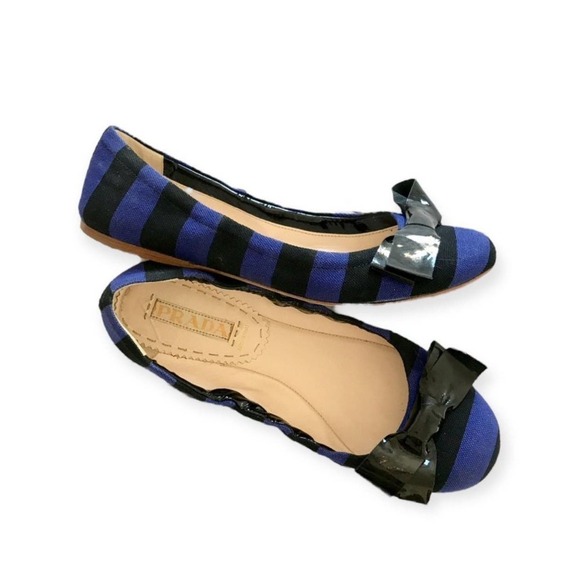 Prada Ballet Ballerina Blue & Black Stripe Bow Flats Size EU 38.5 - Picture 1 of 11
